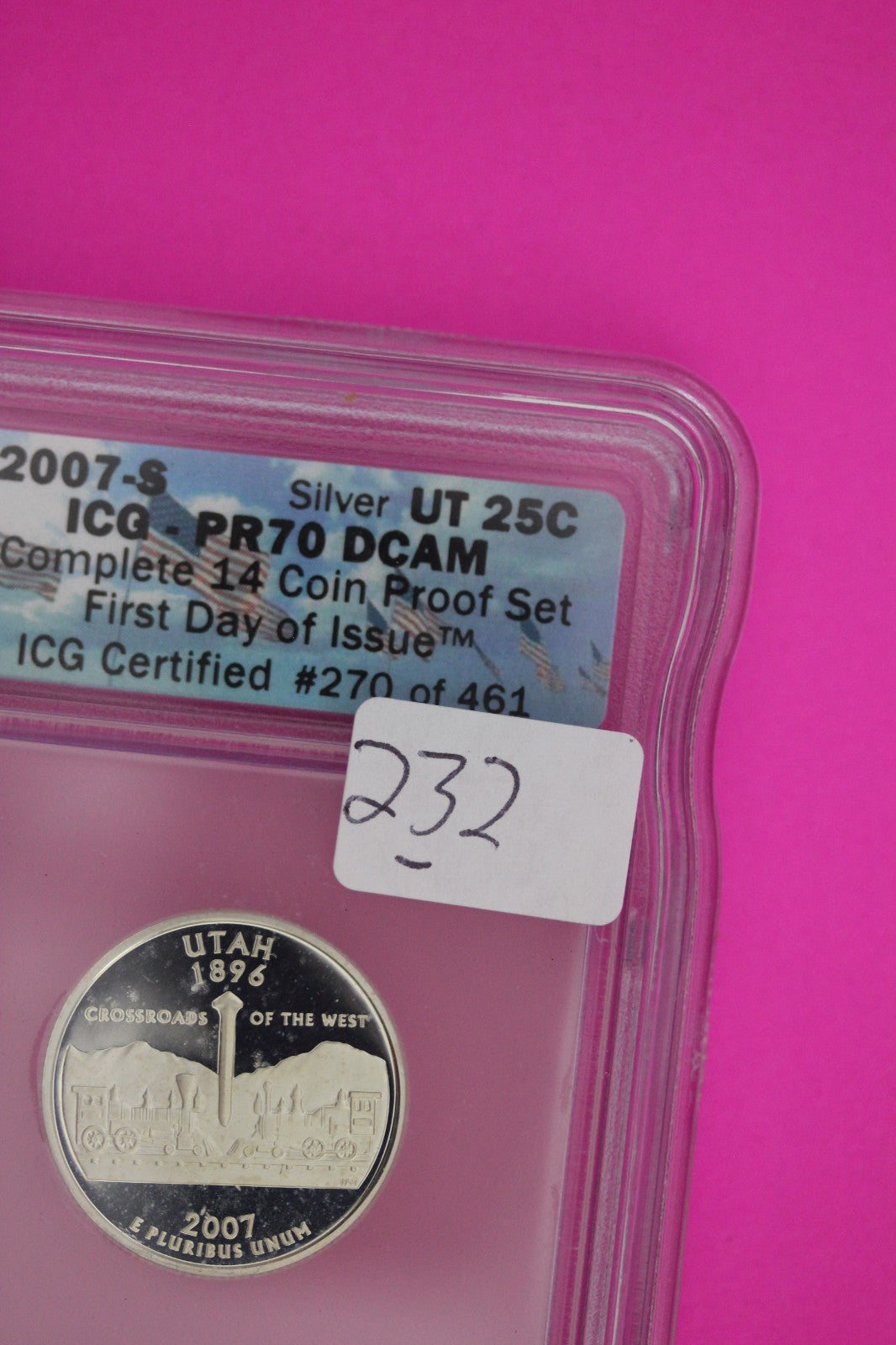 2007 S PR 70 Utah Silver State Quarter ICG Certified Authentic Genuine Slab 232