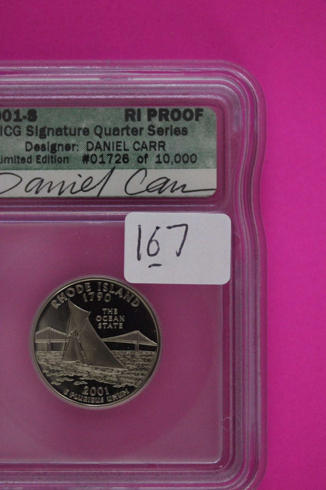 2001 S Proof Rhode Island Clad State Quarter Artist Signature ICG Certified 167