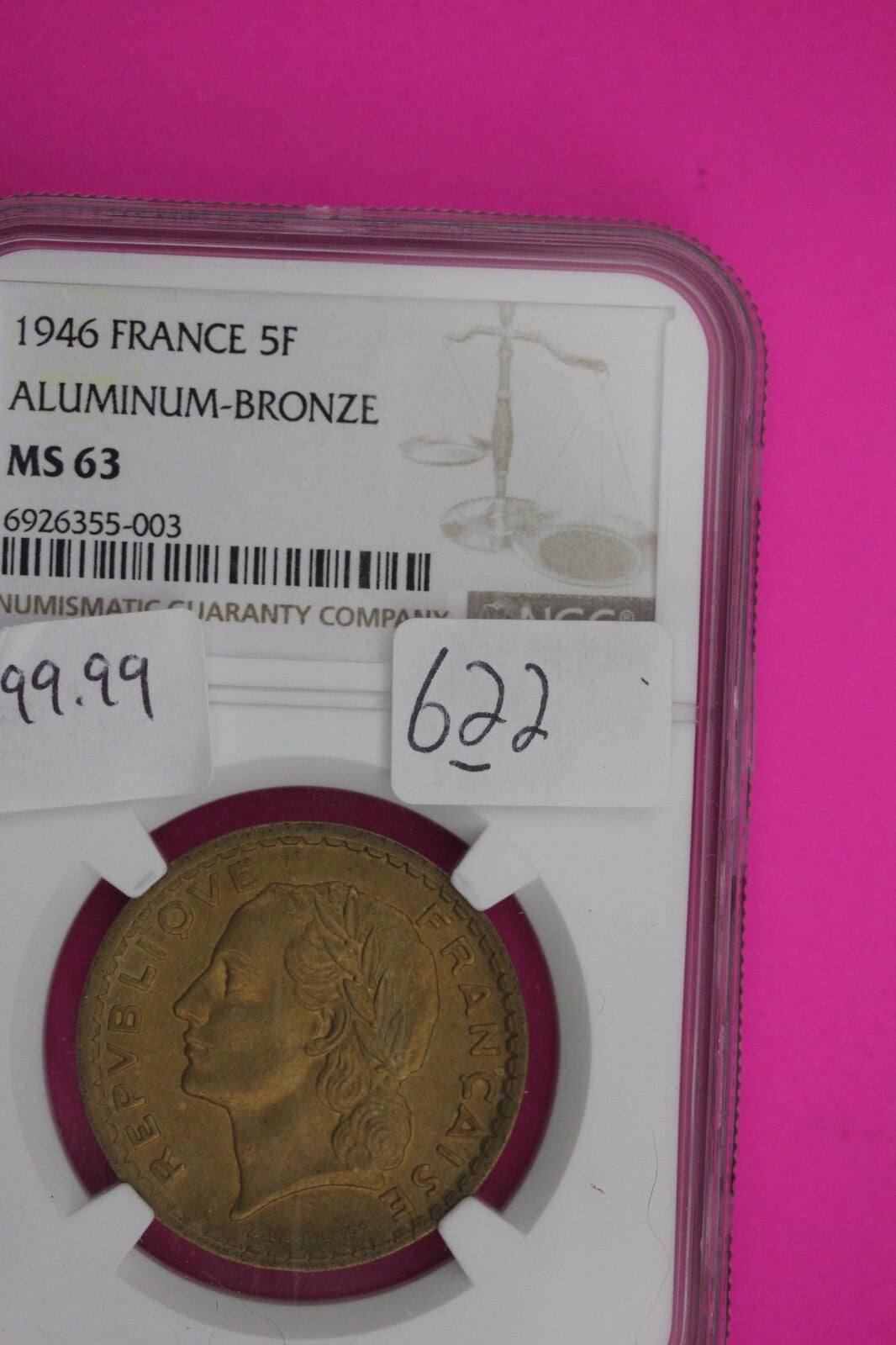 1946 MS 61 France 5 Francs Aluminum Bronze Coin NGC Certified Graded Slab 622
