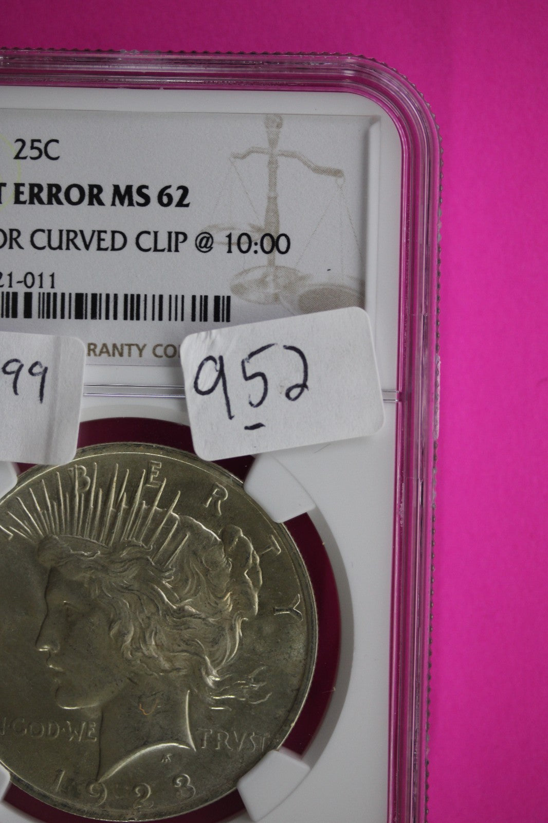 Mint Error 1923 P MS 62 Liberty Peace Silver Dollar NGC Minor Curved Clip 952