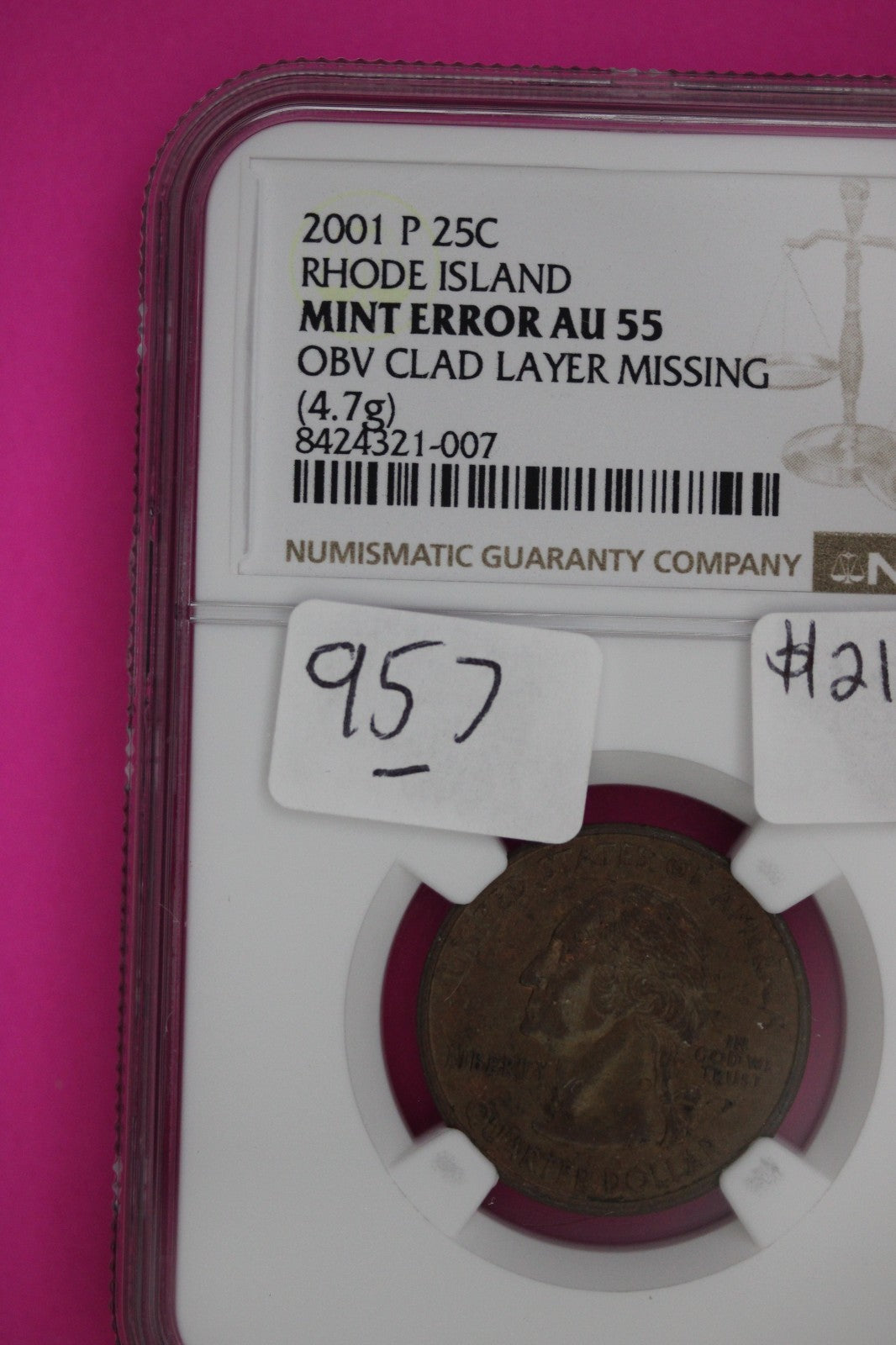 Mint Error Missing Clad Layer Obverse 2001 P AU 55 Rhode Island Quarter NGC 957