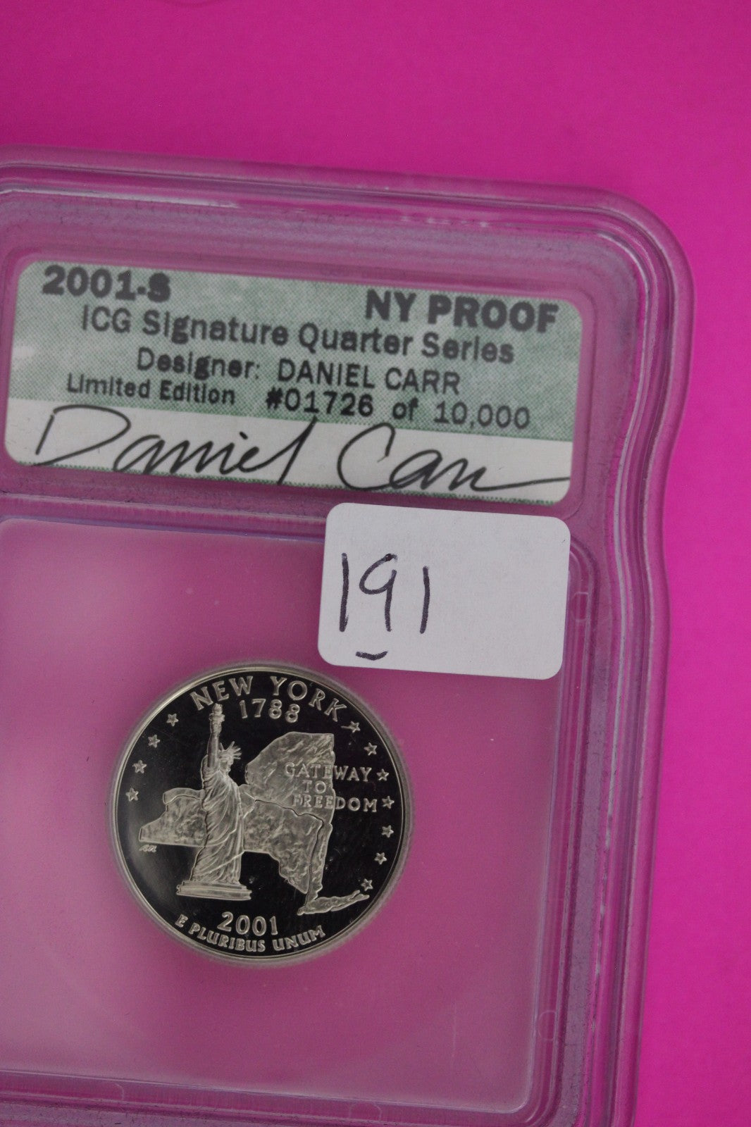 2001 S Proof New York Clad State Quarter Artist Signature ICG Slab 191