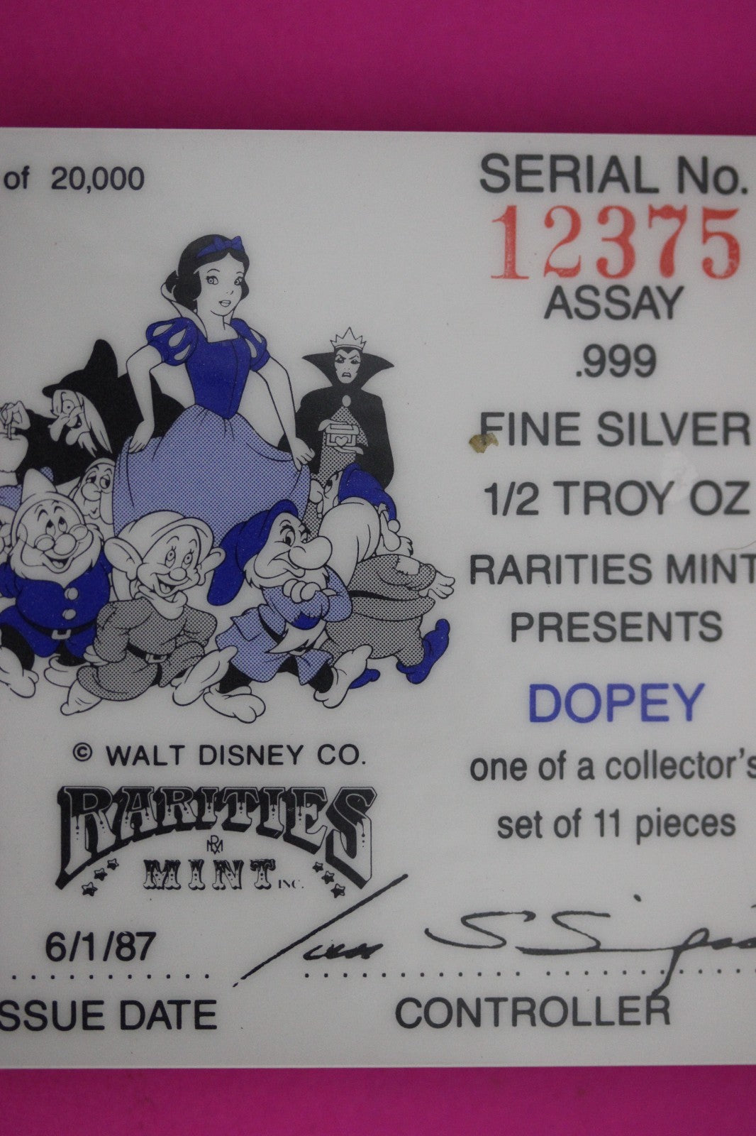 Dopey 1/2 OZ Silver Round .999 Fine Disney 50th Anniversary Capsule COA 6039