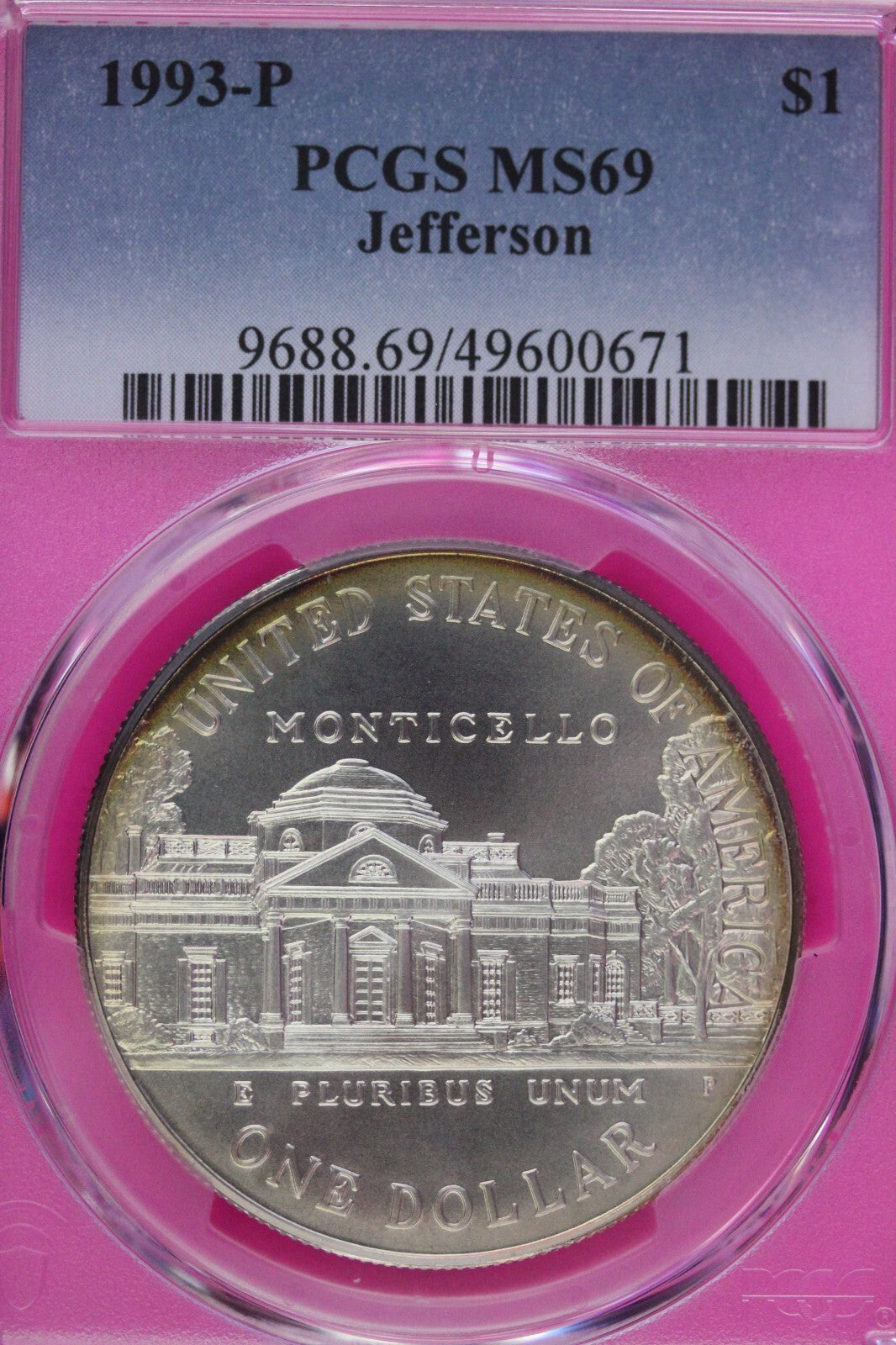 Toned 1993 P MS 69 Jefferson Commemorative Silver Dollar PCGS Graded Slab 435