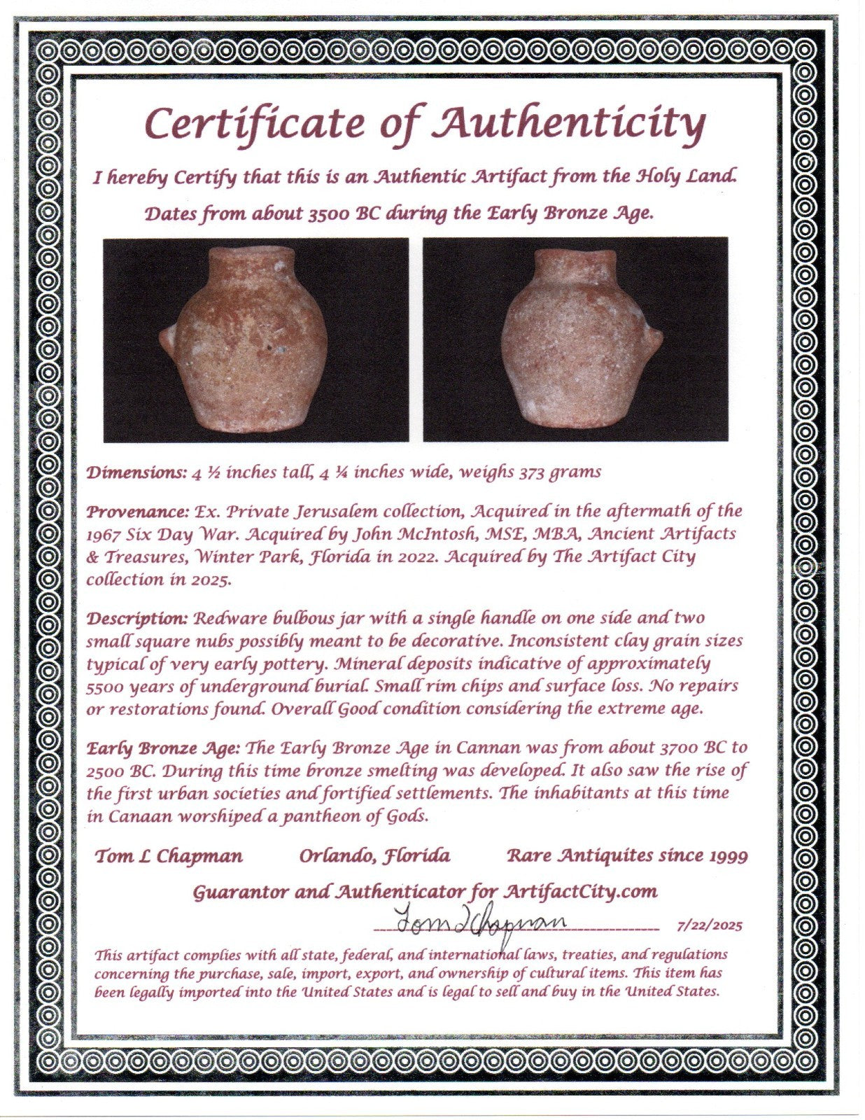 Time of Canaanites Holy Land Artifact Ancient Jar 5500 Year Old 3500 BC COA J142