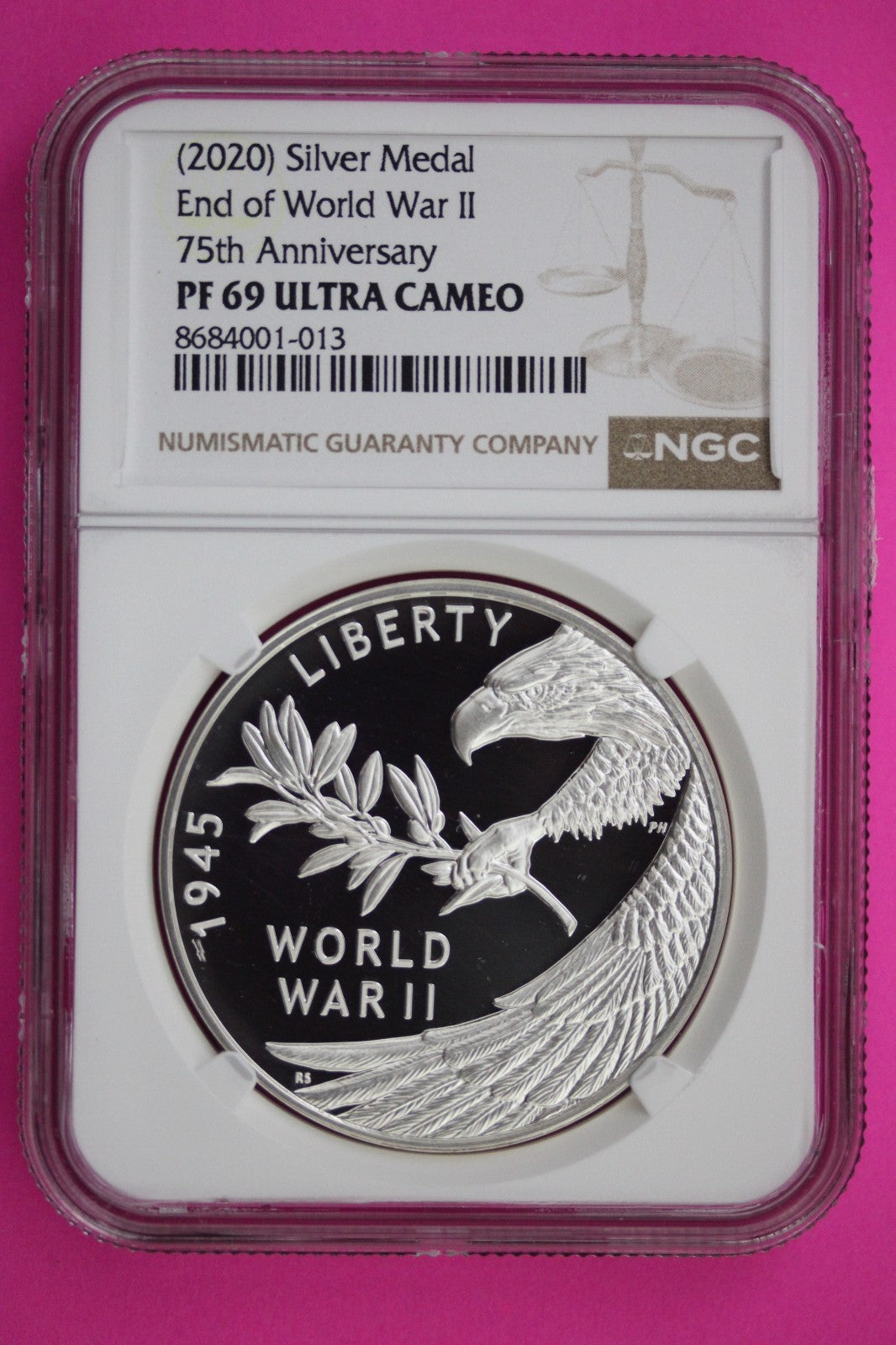 2020 PF 69 End of World War II 75th Anniversary 1 OZ  Silver Medal NGC Slab 190