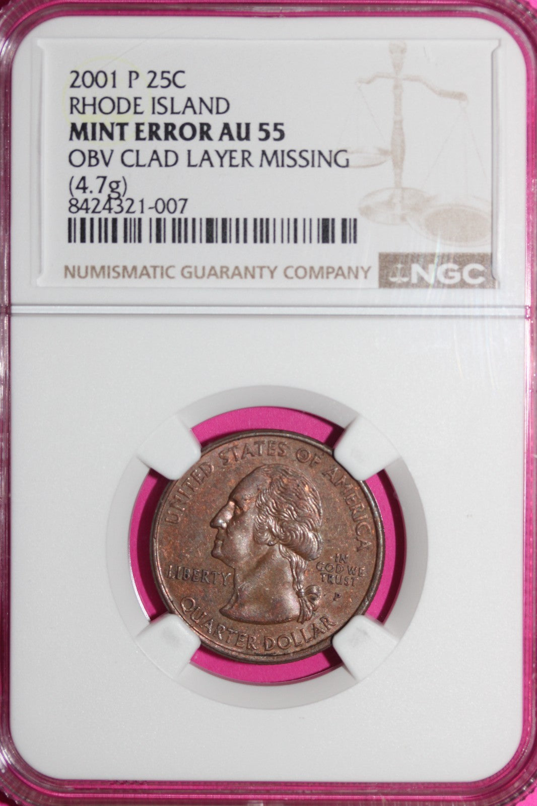 Mint Error Missing Clad Layer Obverse 2001 P AU 55 Rhode Island Quarter NGC 957