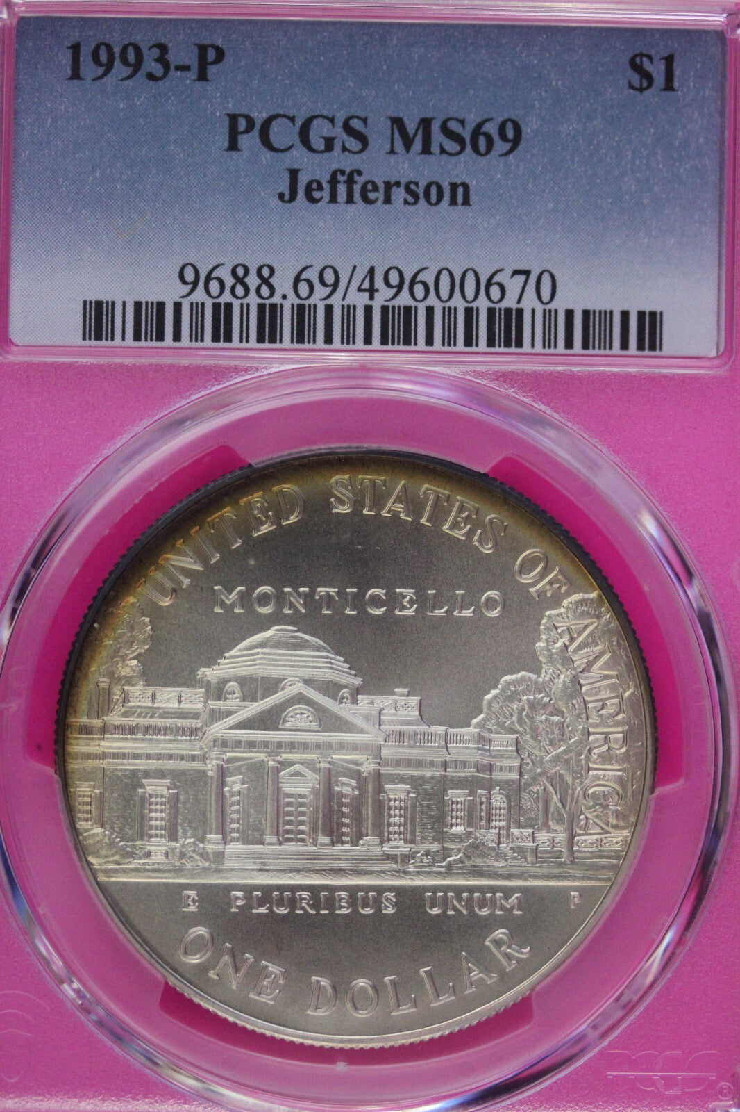 Toned 1993 P MS 69 Jefferson Commemorative Silver Dollar PCGS Graded Slab 434