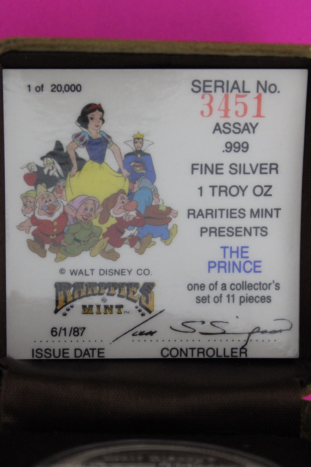 The Prince 1 OZ Silver Round .999 Fine Disney 50th Anniversary 1987 COA Box 7087