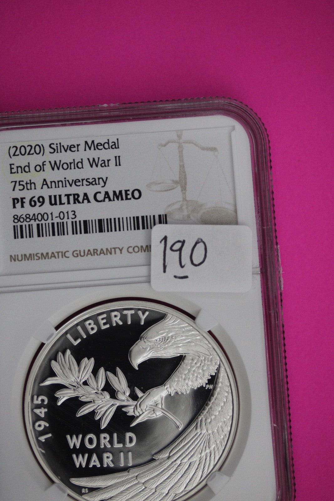 2020 PF 69 End of World War II 75th Anniversary 1 OZ  Silver Medal NGC Slab 190