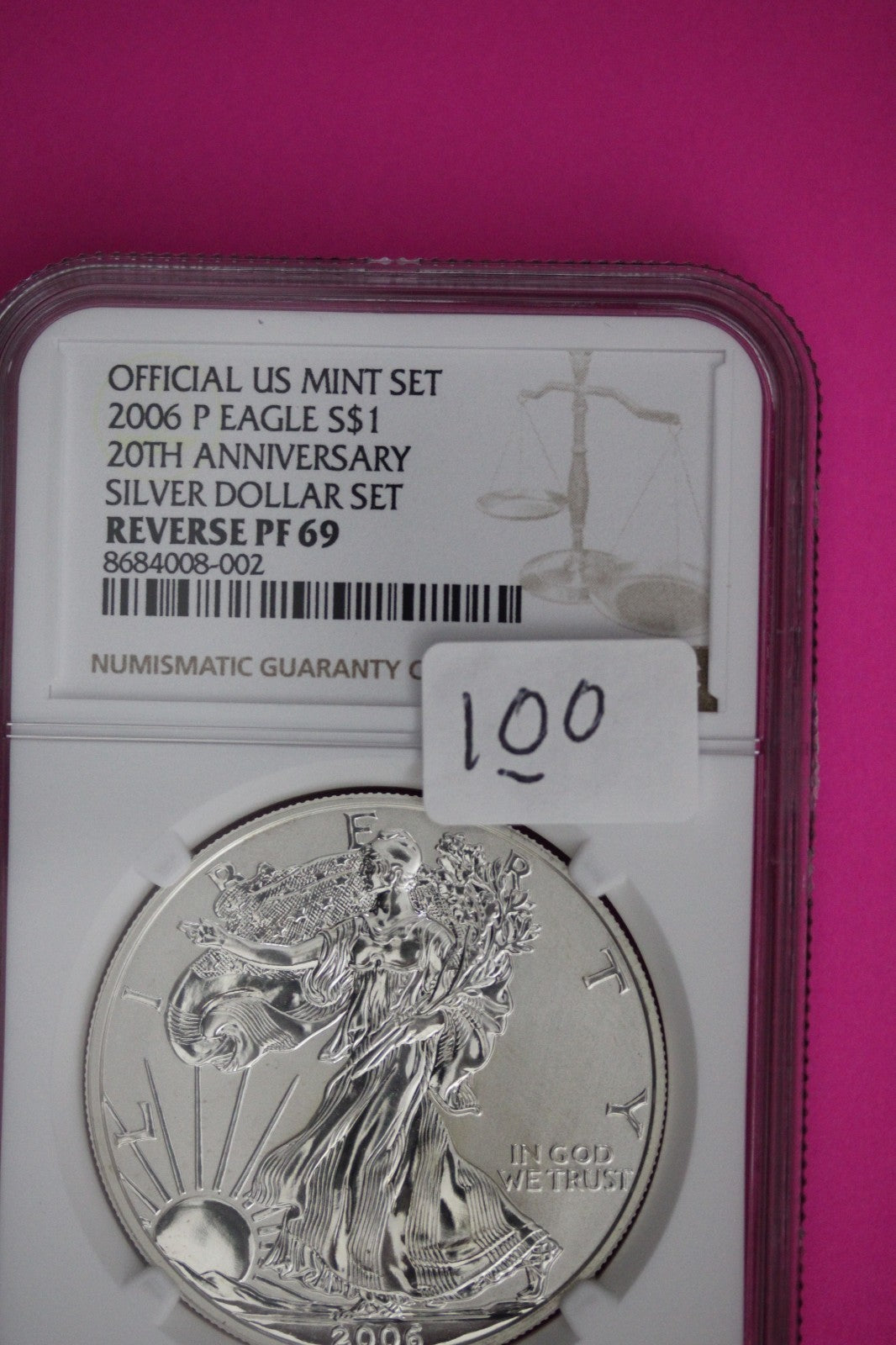 2006 P Reverse PF 69 Eagle From Mint 20th Anniversary Silver Dollar Set NGC 100