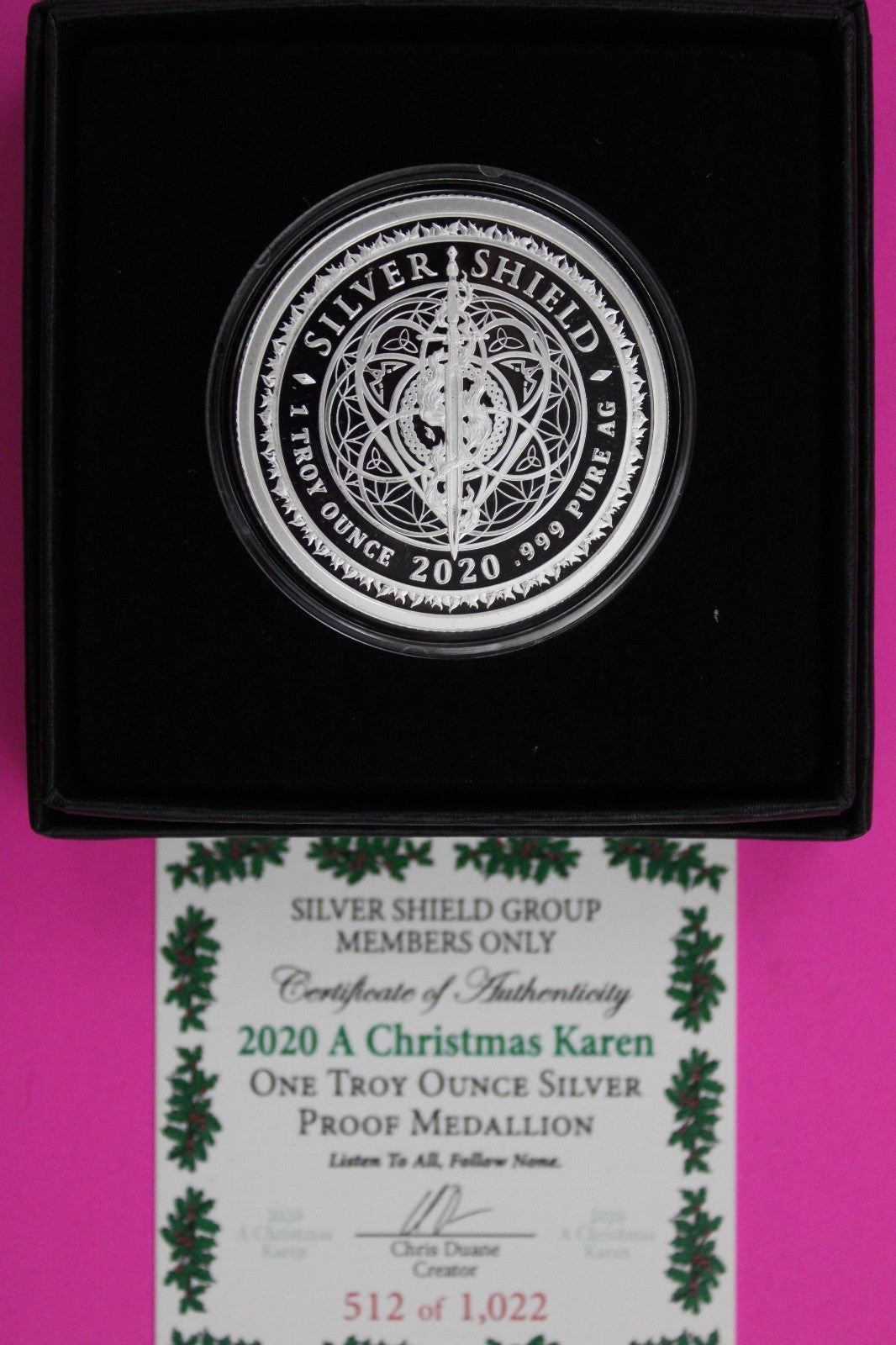 Rare 2020 A Christmas Karen Debt .999 1 OZ Silver Shield Art Round Box COA 6080