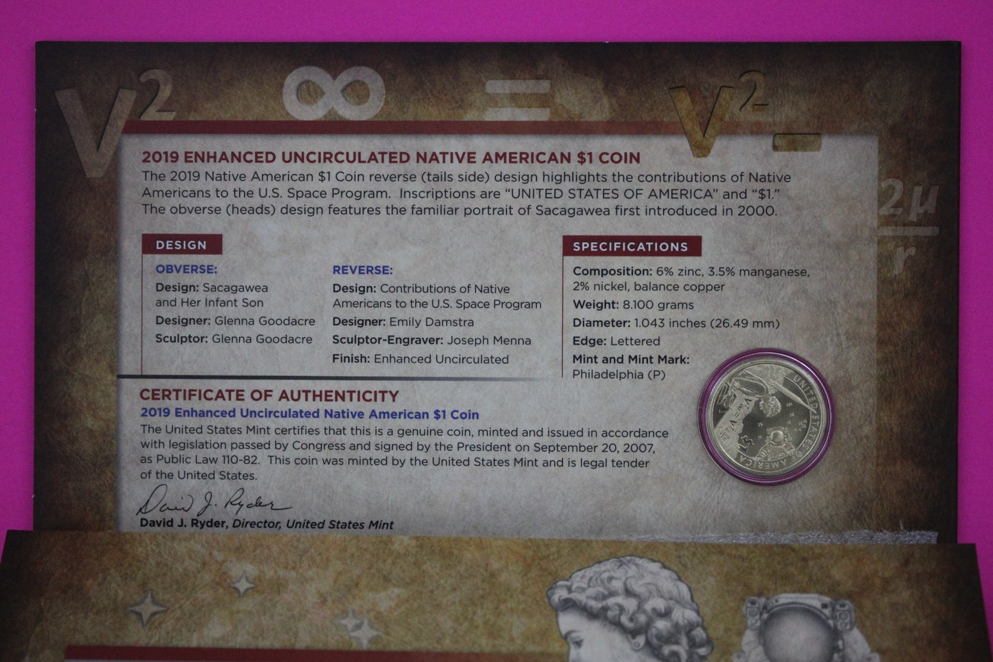 2019 Coin & Currency Set Enhanced Infant Child BU Dollar & $1 Note COA 9005