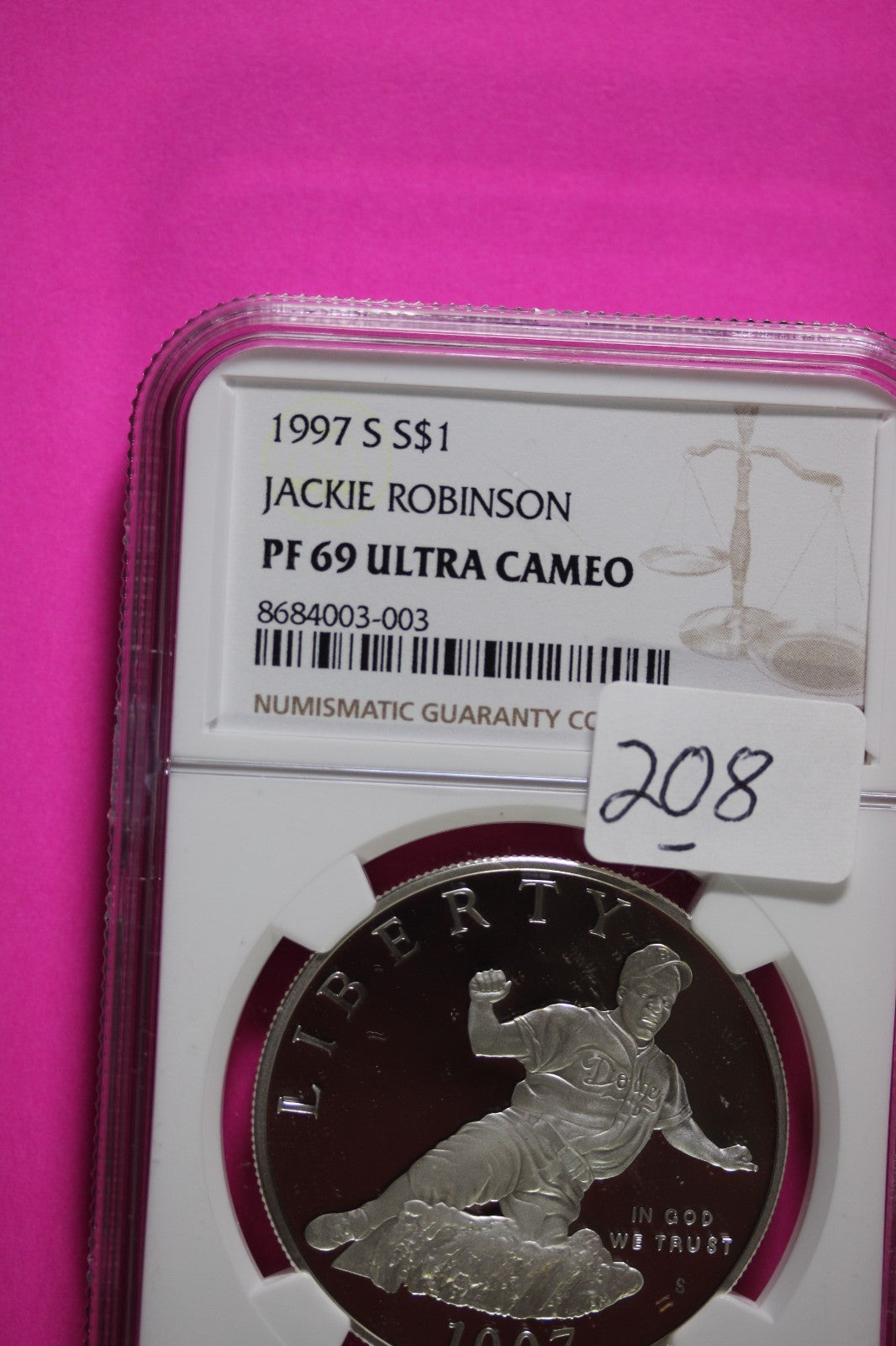 1997 S PF 69 Jackie Robinson Commemorative Silver Dollar NGC Graded Slab 208