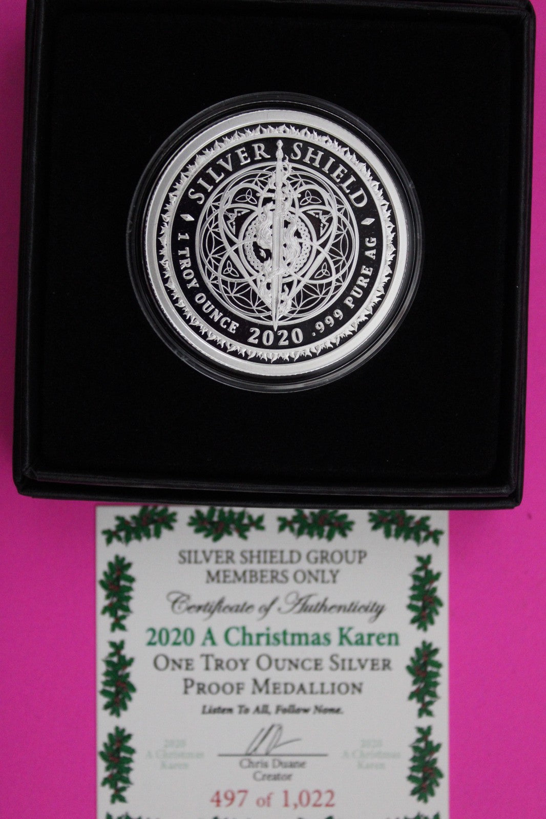 Rare 2020 A Christmas Karen Debt .999 1 OZ Silver Shield Art Round Box COA 6068