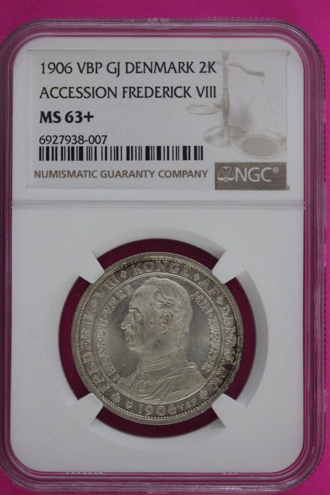 1906 MS 63+ VBP GJ Denmark 2K Accession Frederick VIII Silver Coin NGC Slab 125