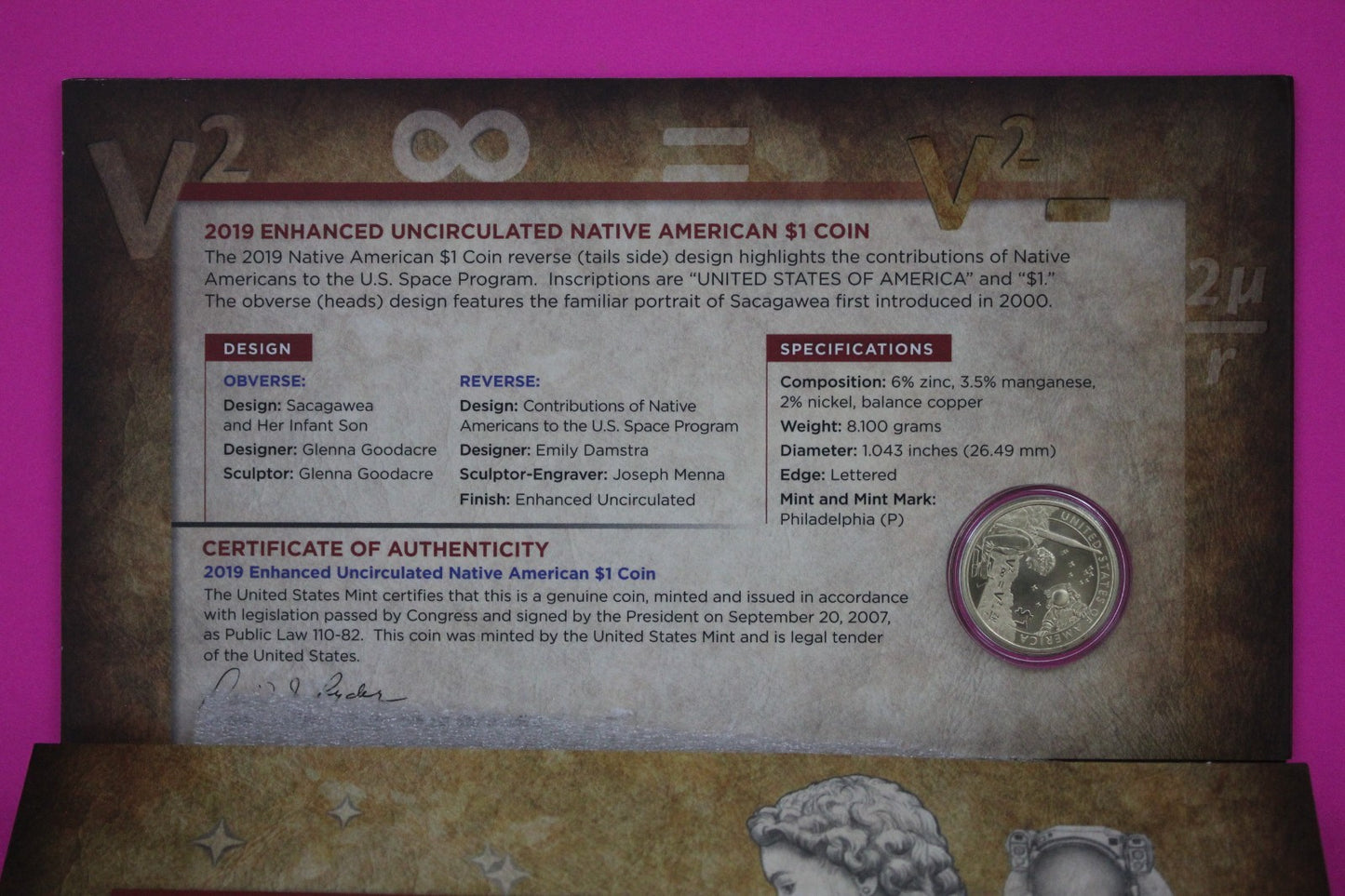 2019 Coin & Currency Set Enhanced Infant Child BU Dollar & $1 Note COA 9004