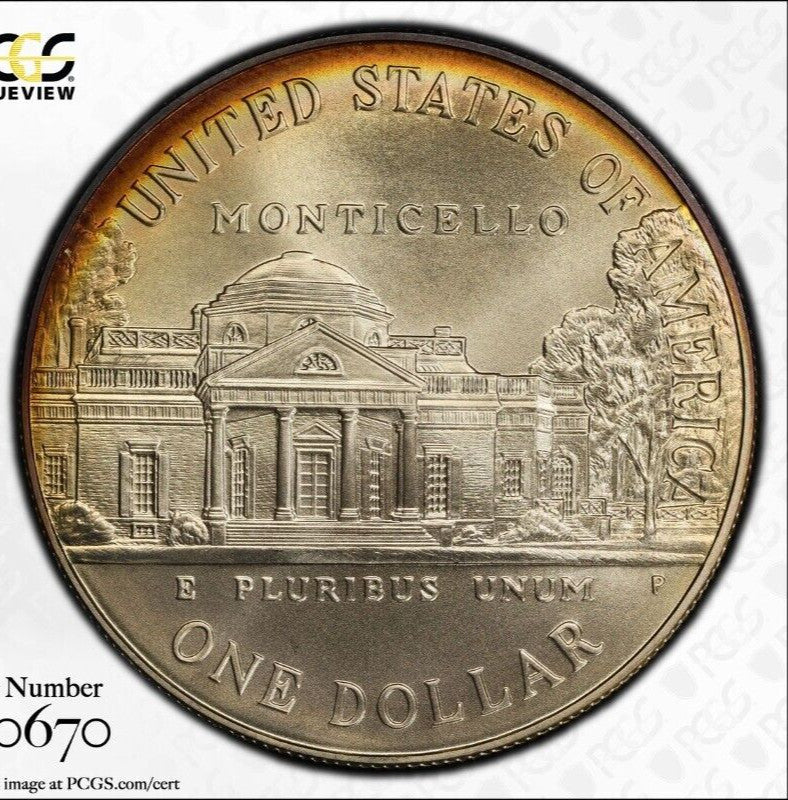 Toned 1993 P MS 69 Jefferson Commemorative Silver Dollar PCGS Graded Slab 434
