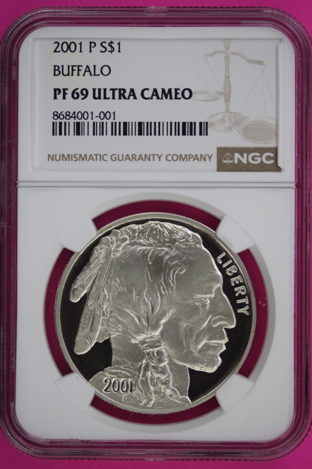 2001 P PF 69 Buffalo Commemorative Silver Dollar NGC Graded Ultra Cameo Slab 007