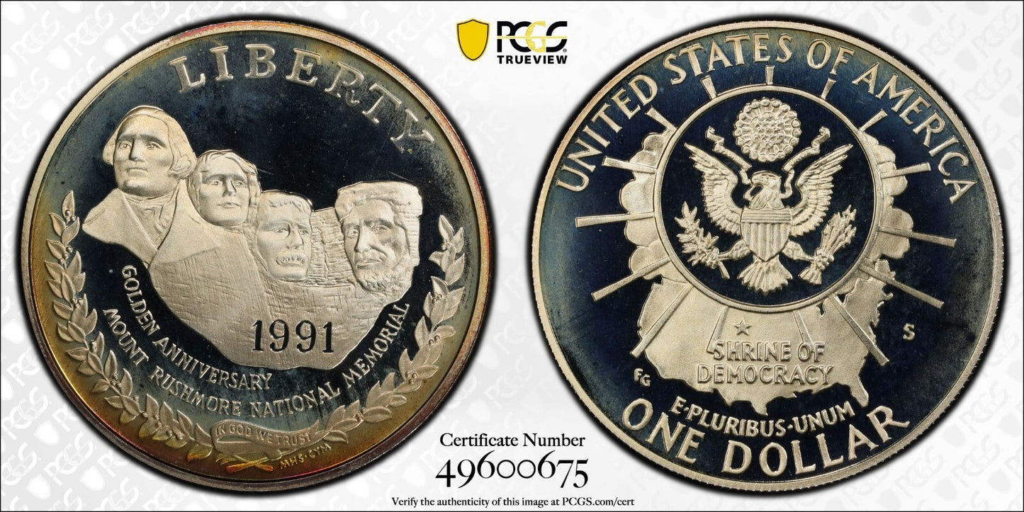 Toned 1991 S PR 68 DCAM Mount Rushmore Commemorative Silver Dollar PCGS 448