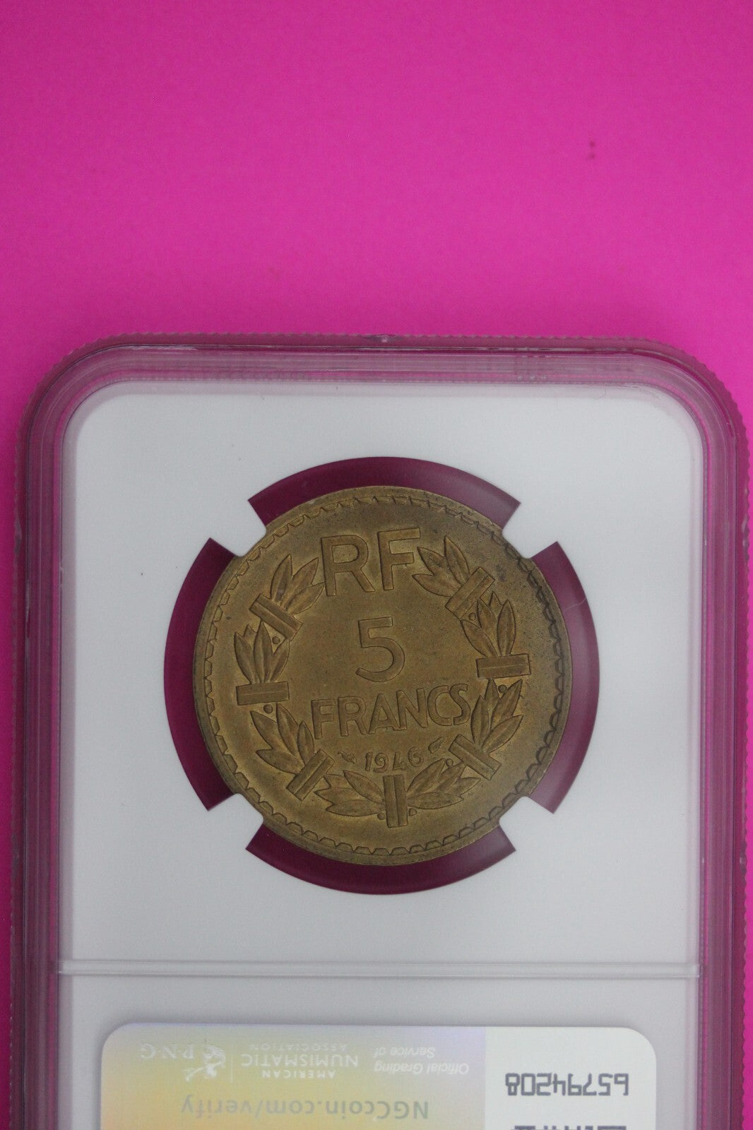 1946  MS 61 France 5 Francs Aluminum Bronze Coin NGC Certified Graded Slab 622