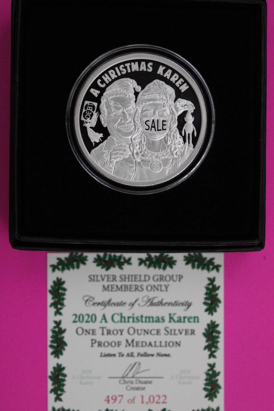 Rare 2020 A Christmas Karen Debt .999 1 OZ Silver Shield Art Round Box COA 6068