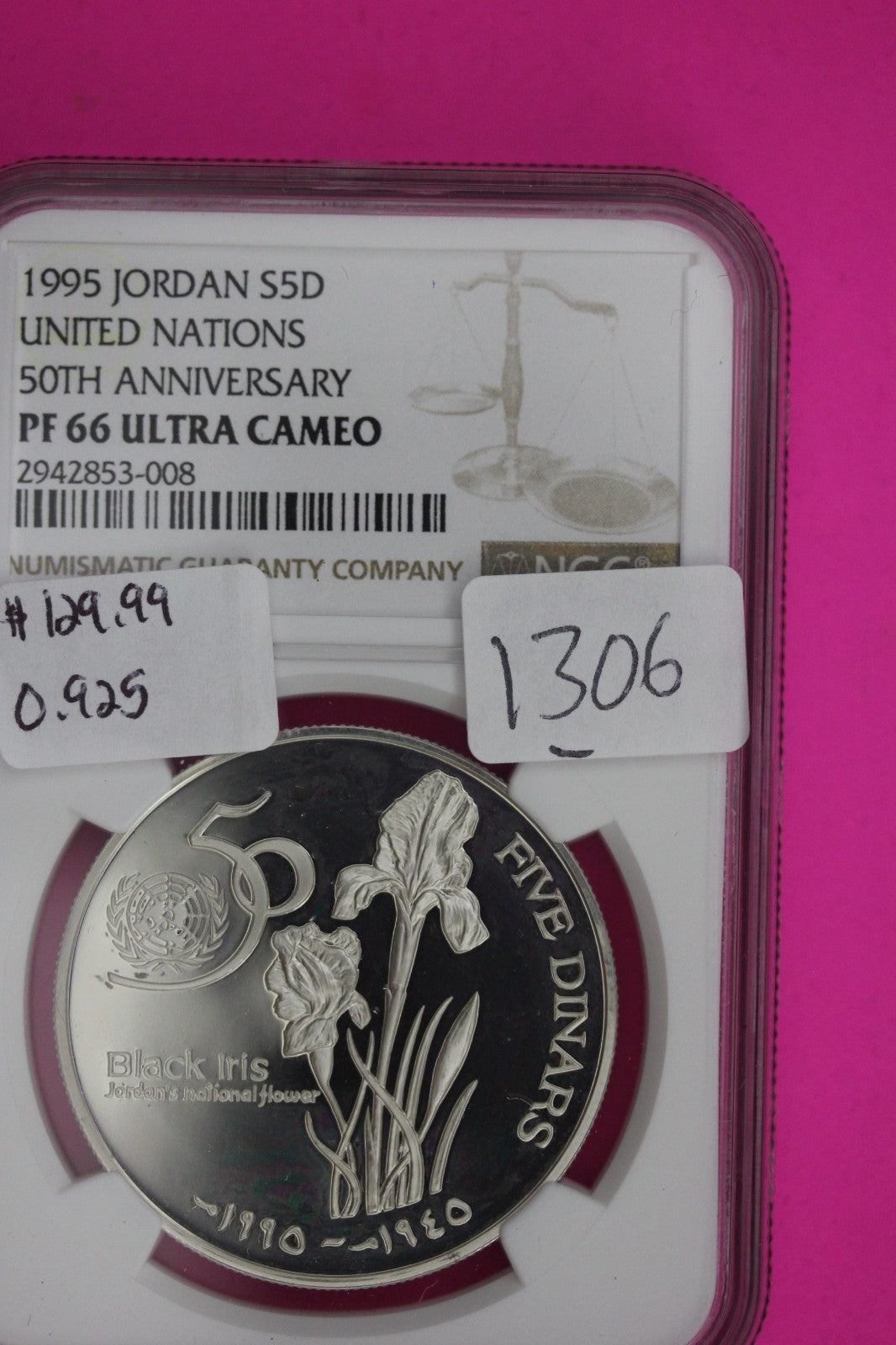 1995 PF 66 Ultra Cameo Jordan 5 Dinars United Nations 50th Anniversary NGC 1306