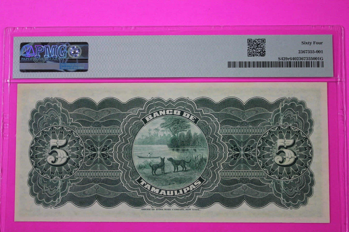 1902-1914 Mexico 5 Pesos Banco Tamaulipas Choice Uncirculated 64 PMG Graded 10