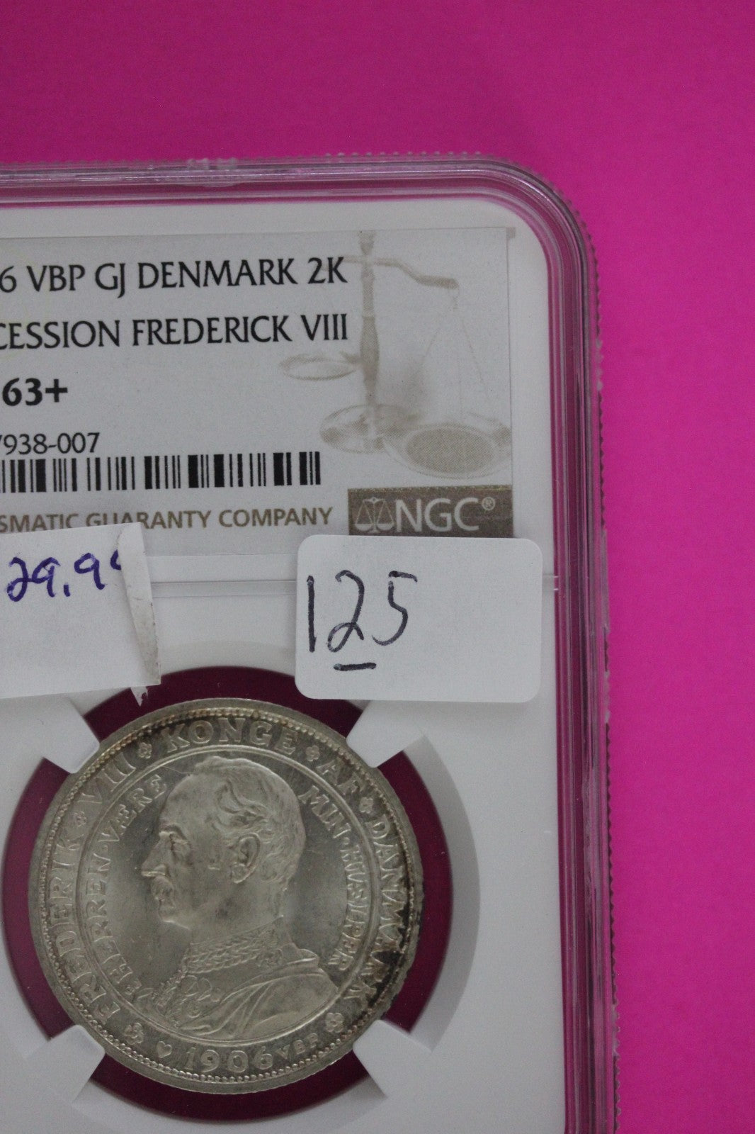 1906 MS 63+ VBP GJ Denmark 2K Accession Frederick VIII Silver Coin NGC Slab 125