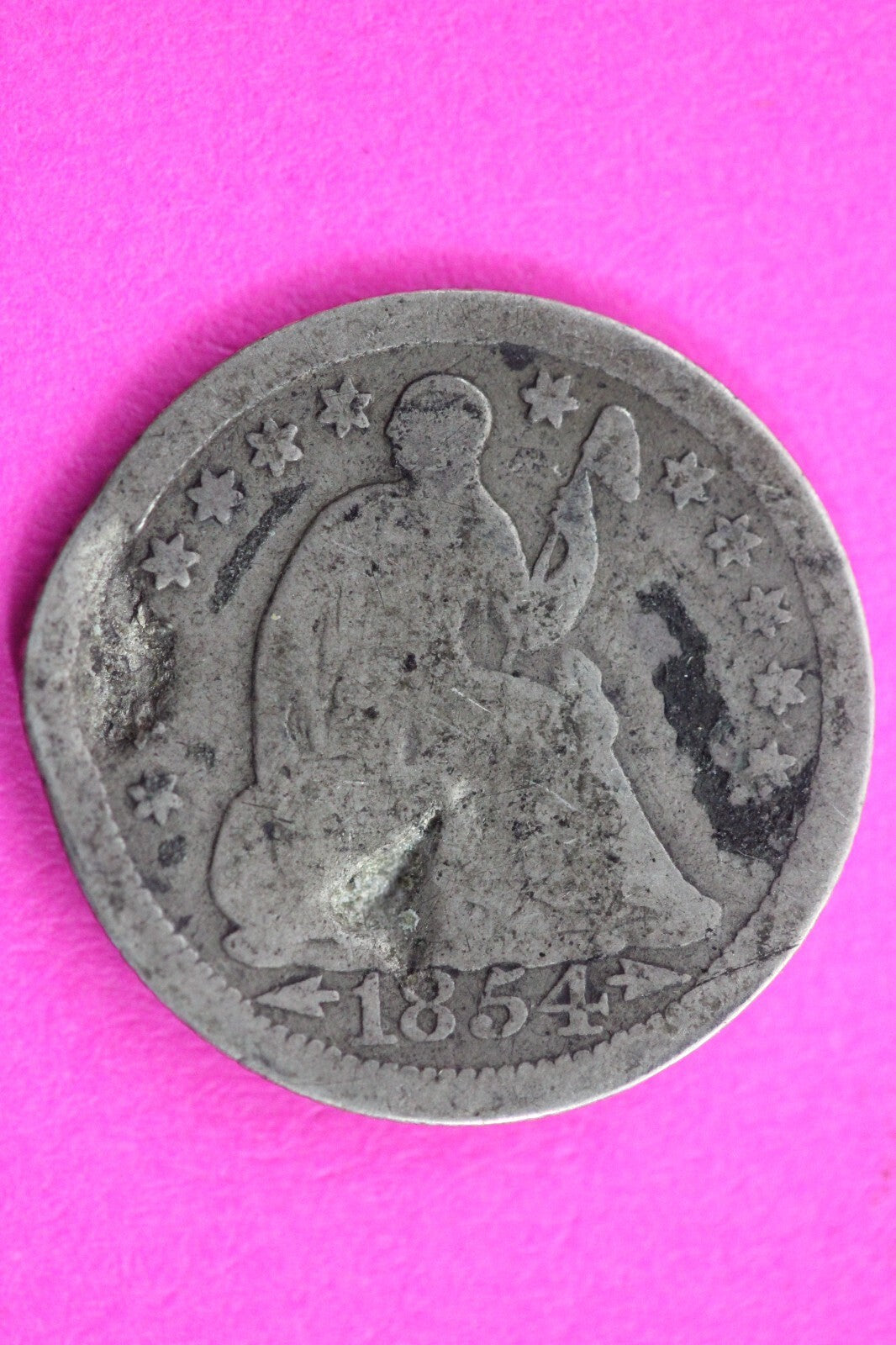 1854 P Seated Liberty Half Dime Exact Silver Coin Shown Low Grade Smashed 09