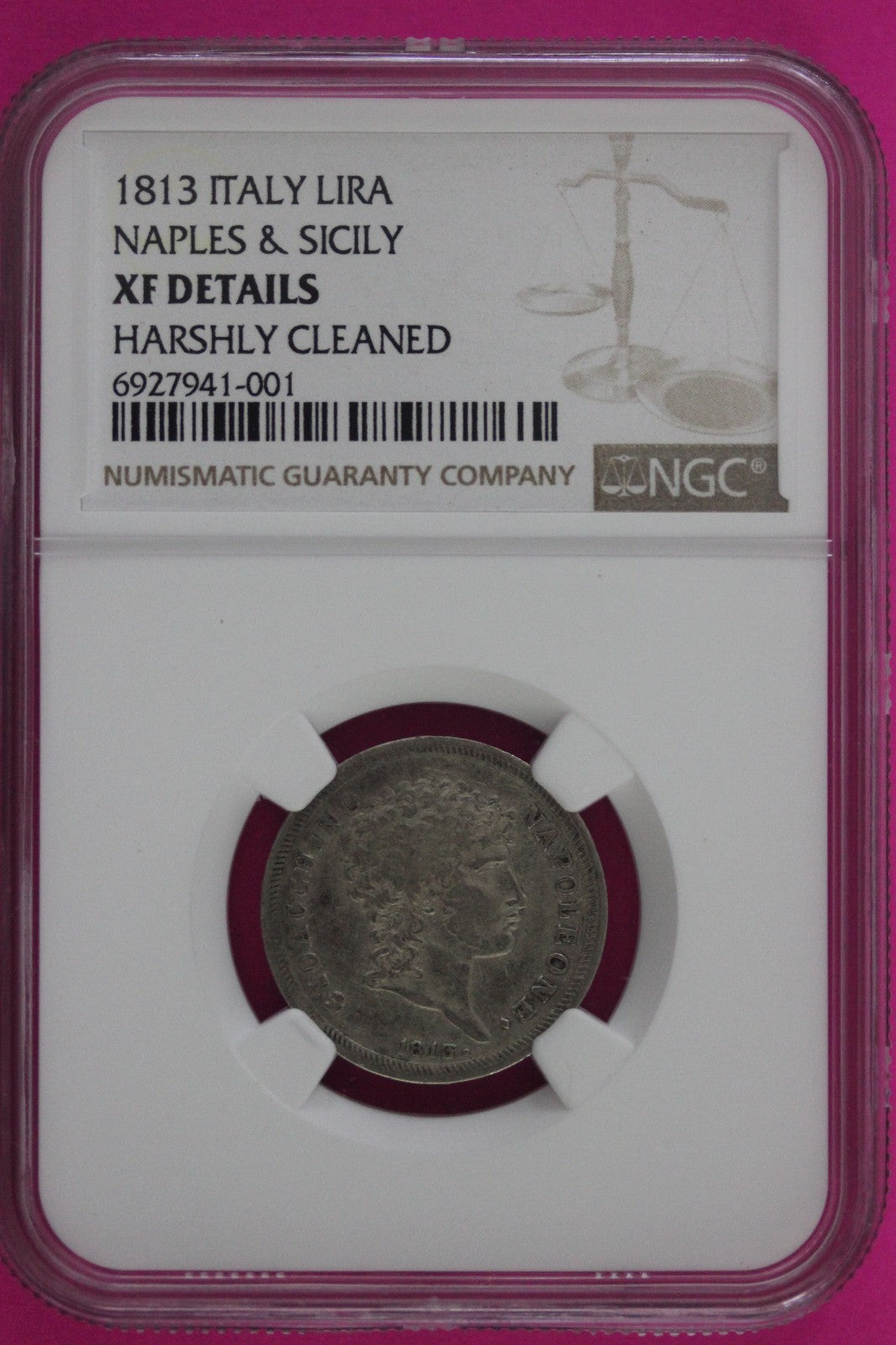 1813 XF Details Italy Lira Naples & Sicily Harshly Cleaned Silver Coin NGC 109