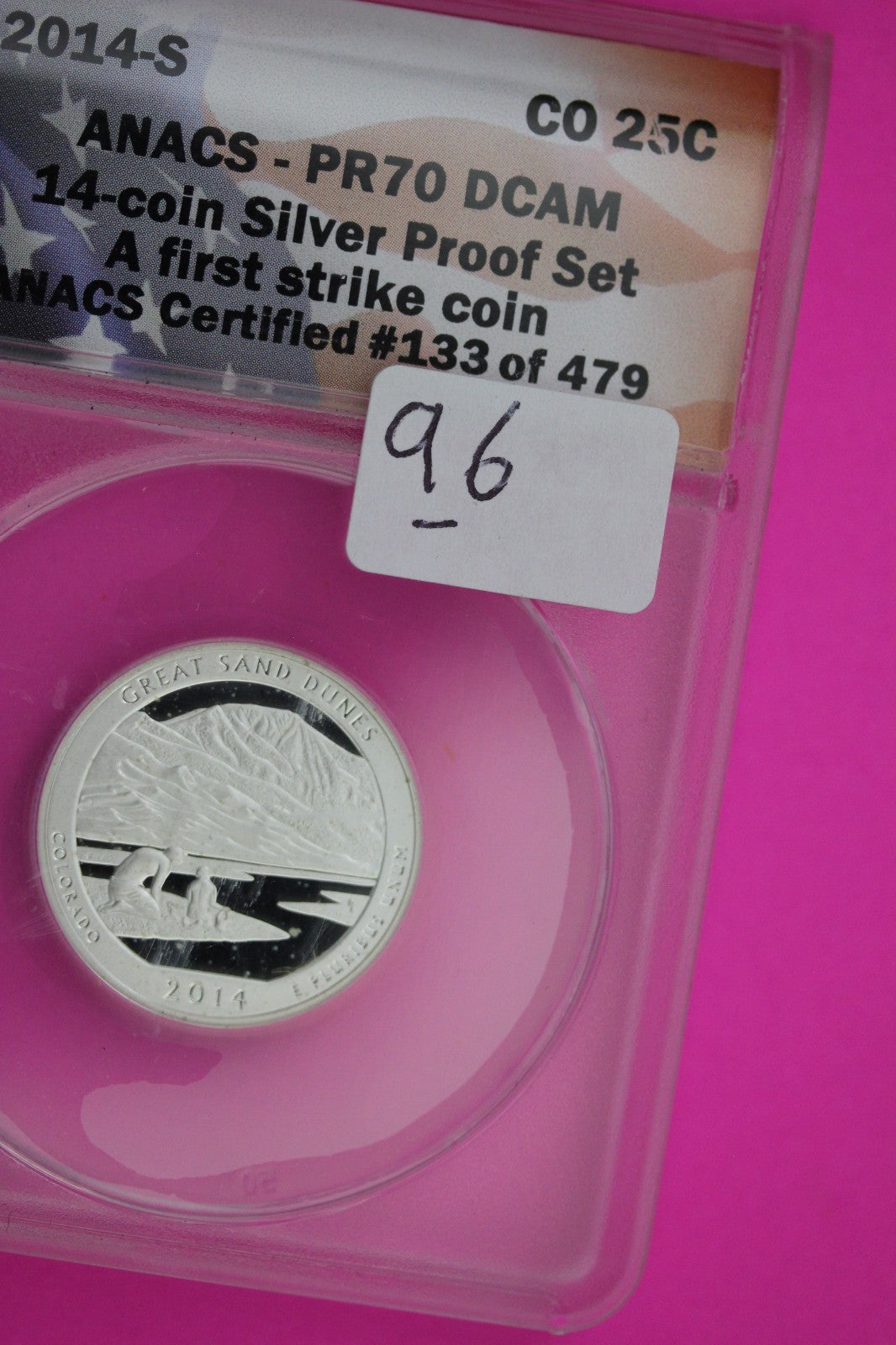 2014 S PR 70 Silver Quarter Great Sand Dunes ATB ANACS Graded Certified Slab 96