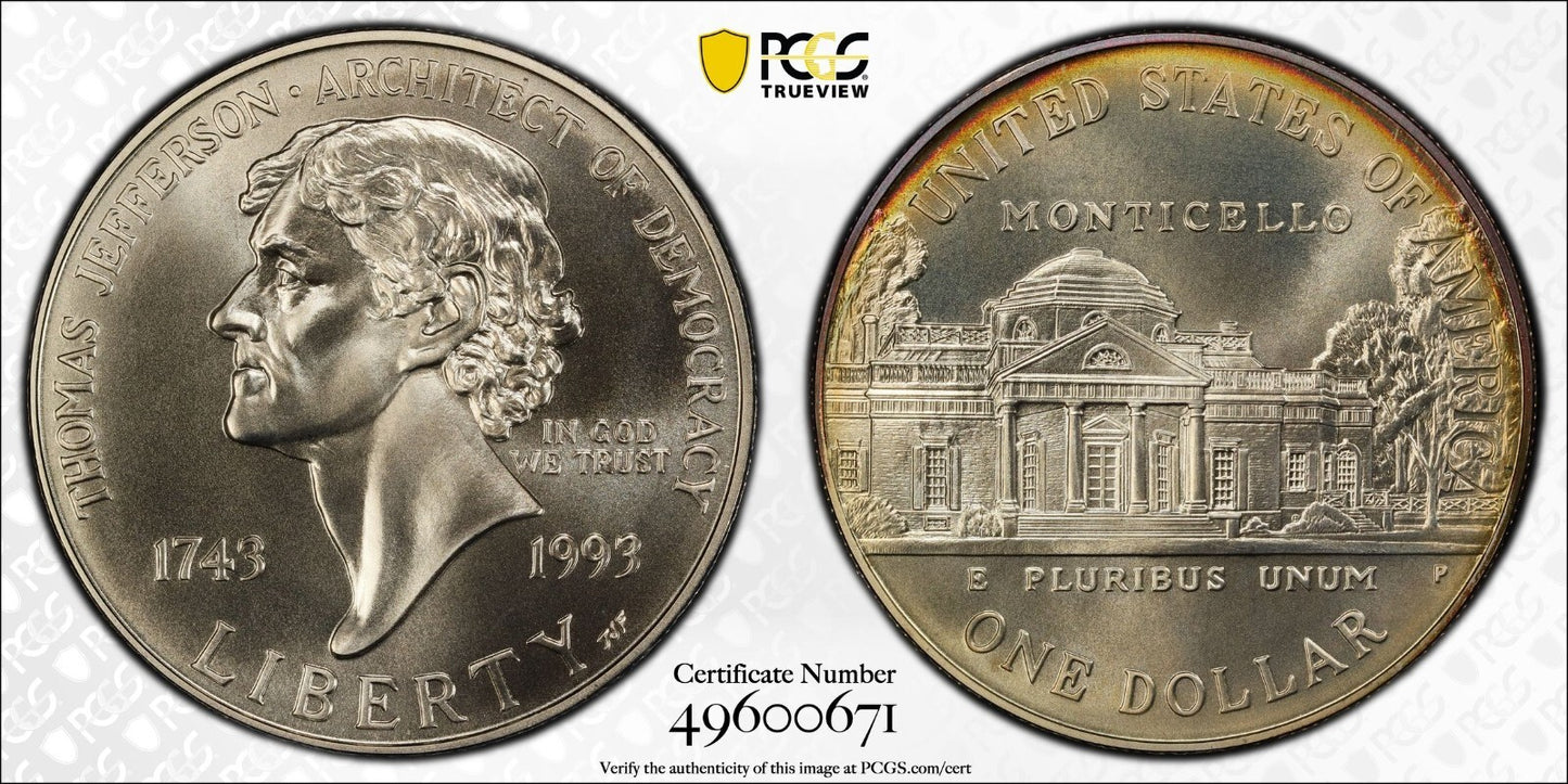 Toned 1993 P MS 69 Jefferson Commemorative Silver Dollar PCGS Graded Slab 435