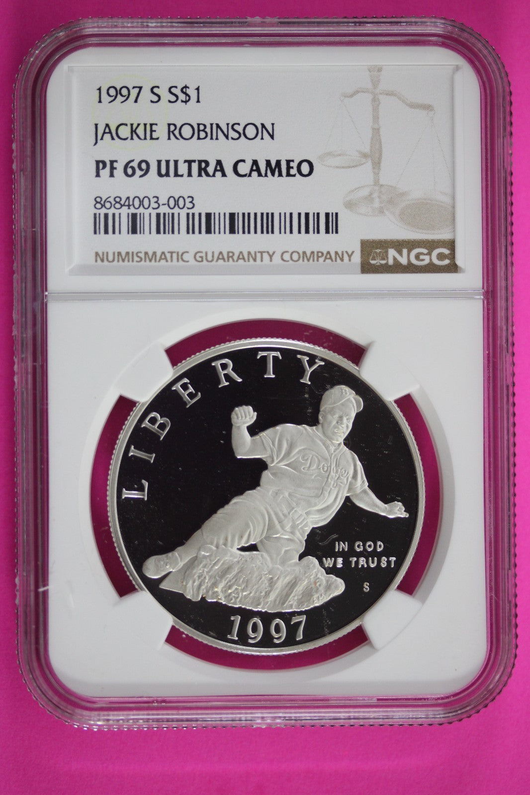 1997 S PF 69 Jackie Robinson Commemorative Silver Dollar NGC Graded Slab 208