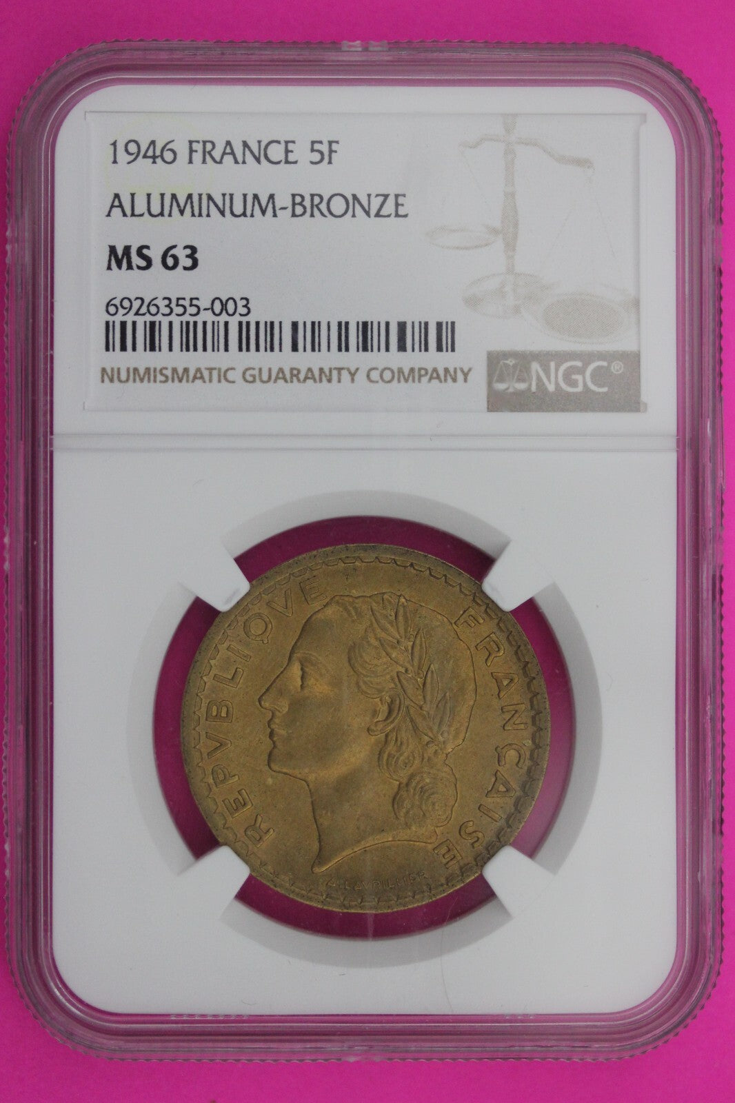 1946  MS 61 France 5 Francs Aluminum Bronze Coin NGC Certified Graded Slab 622
