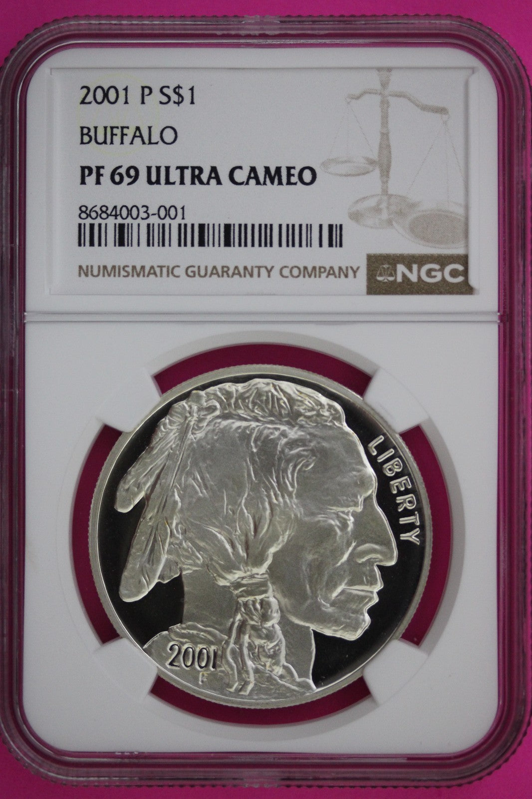2001 P PF 69 Buffalo Commemorative Silver Dollar NGC Graded Ultra Cameo Slab 006