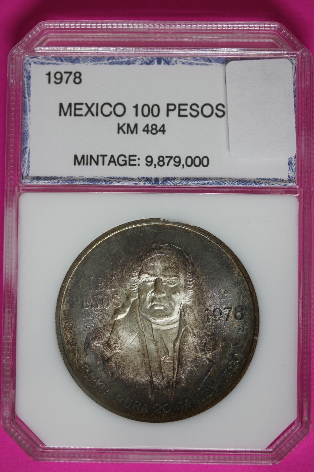 Rainbow Toned 1978 Mexico 100 Pesos BU .720 Fine Silver Rare Old School Slab 277