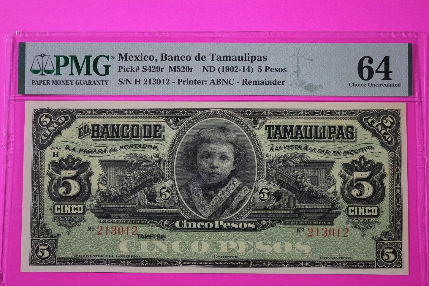 1902-1914 Mexico 5 Pesos Banco Tamaulipas Choice Uncirculated 64 PMG Graded 10