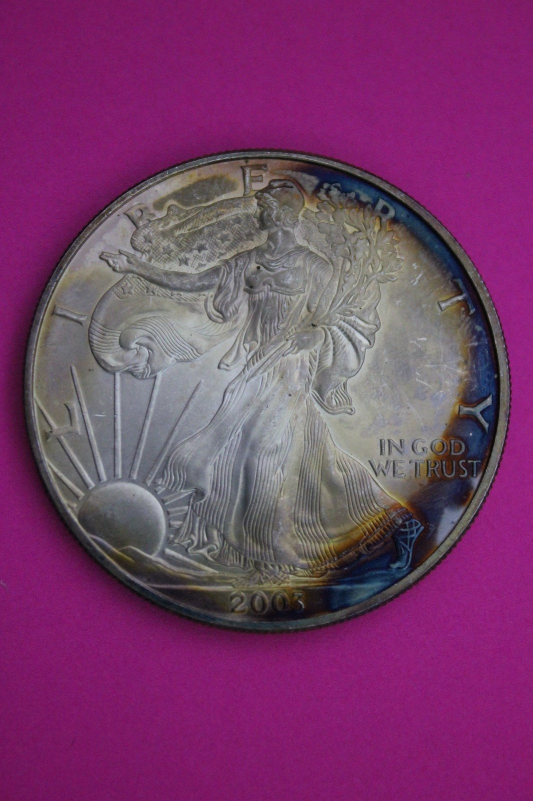Natural Rainbow Toned 2003 Silver American Eagle Guaranteed Authentic Coin 2300