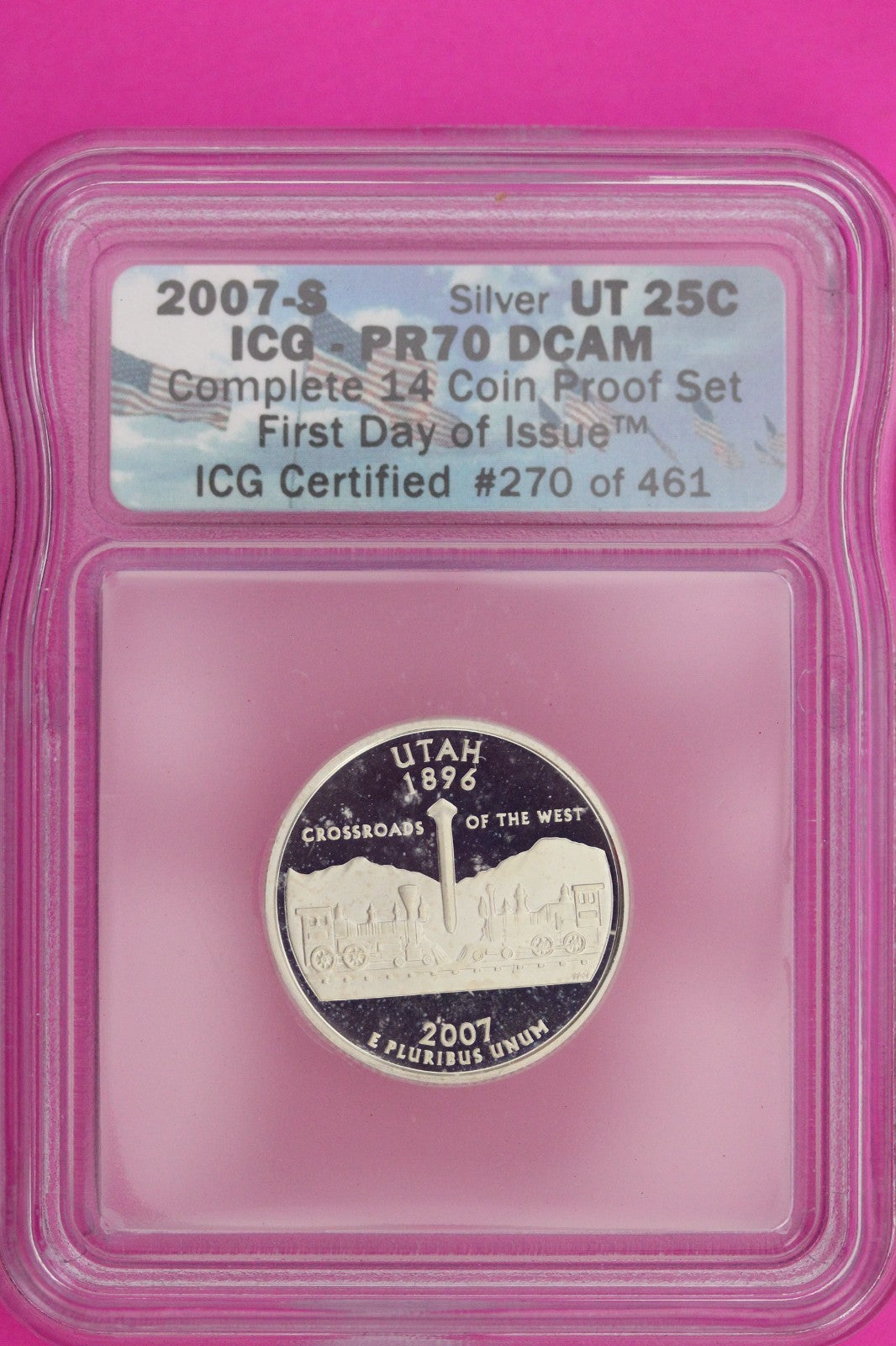2007 S PR 70 Utah Silver State Quarter ICG Certified Authentic Genuine Slab 232